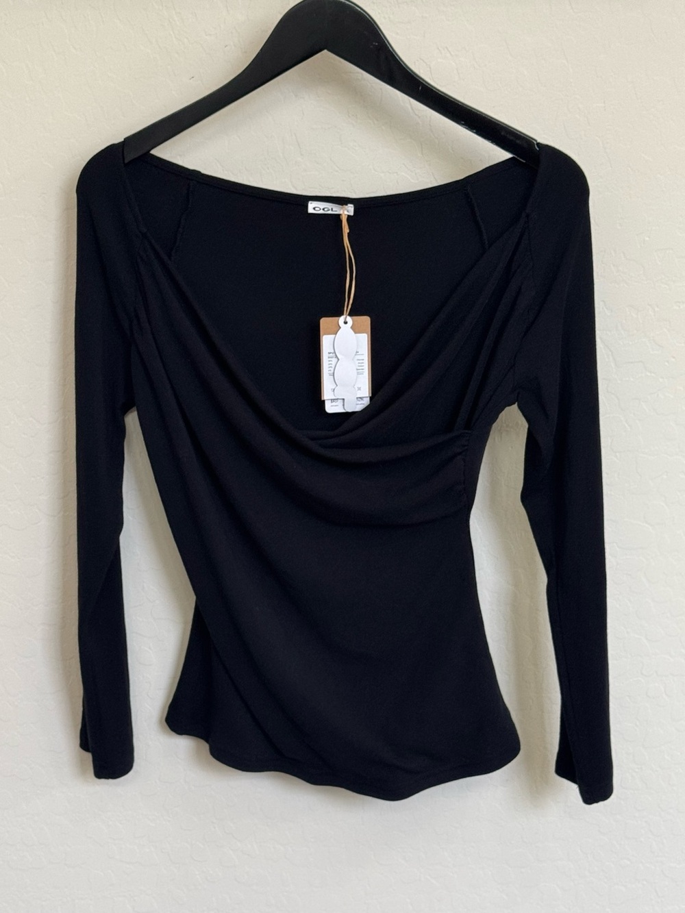 OGL Eco-Mousse Black Draped Cowl Neck Ruched Long Sleeve Top Size L NWT